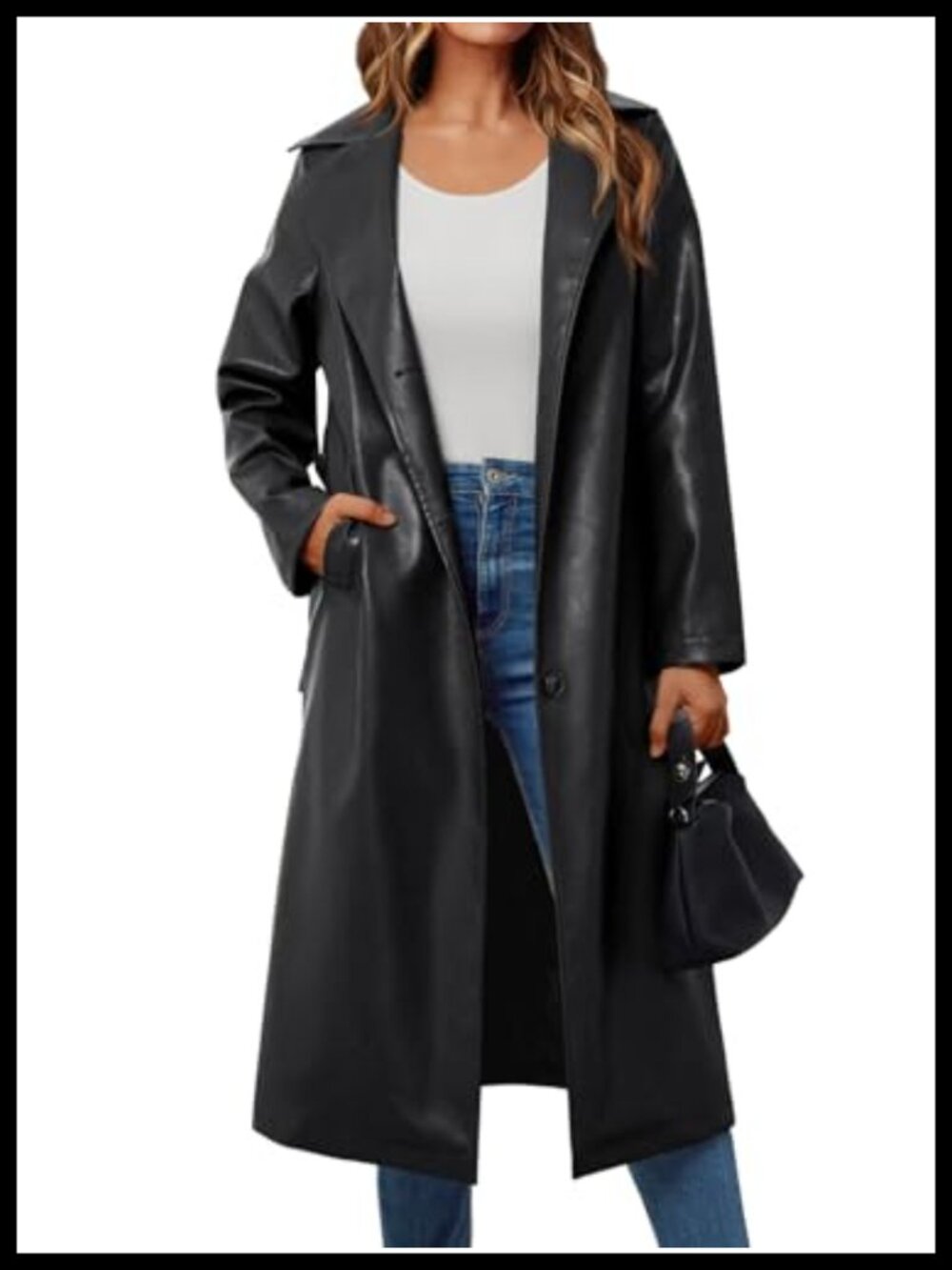 Faux Leather Trench Coat Knee Length Belted Long Sleeve Women